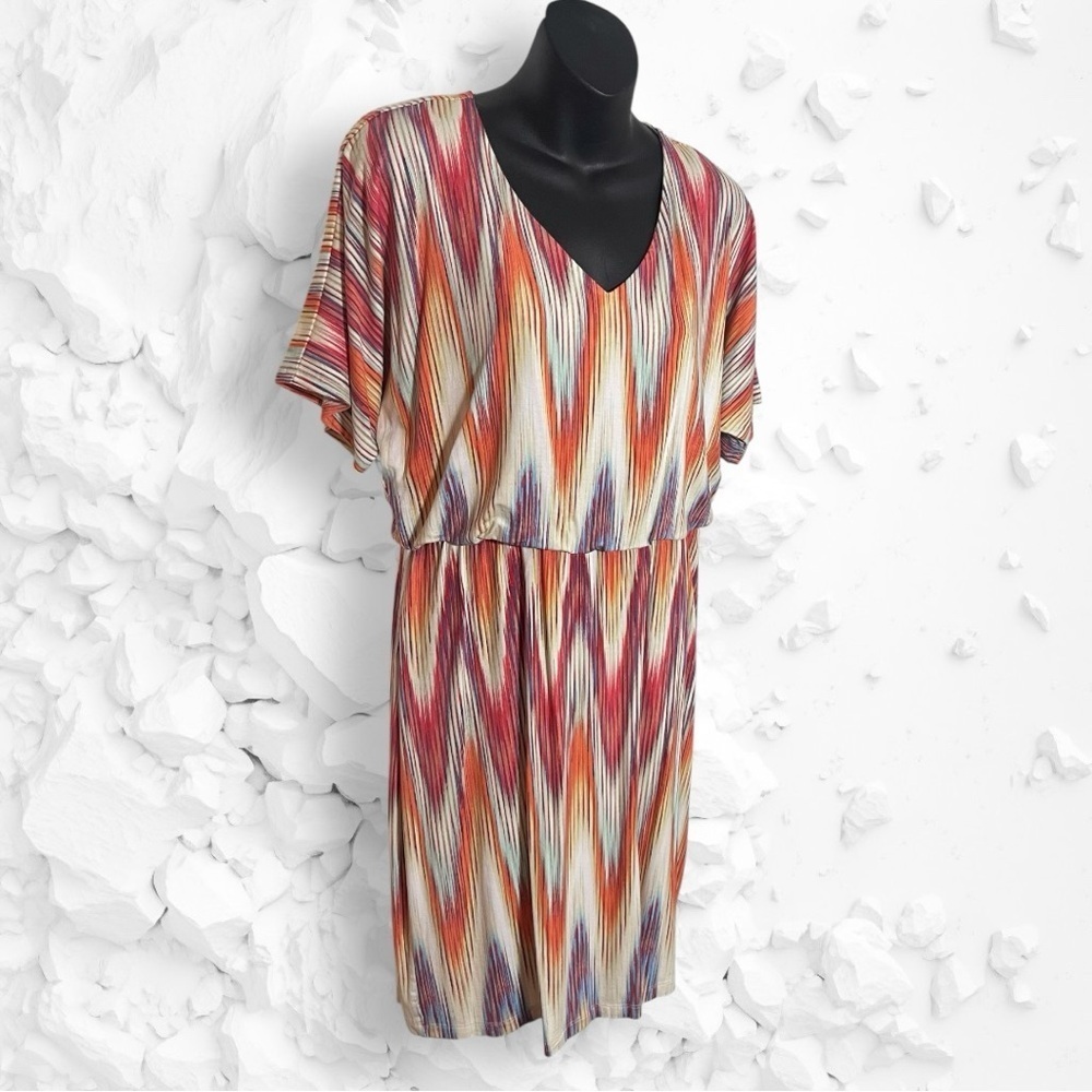 Chico’s NWT Ikat Print Multicolor Short Sleeve Dress Size Medium(Chico’s Size 1) - Picture 3 of 15